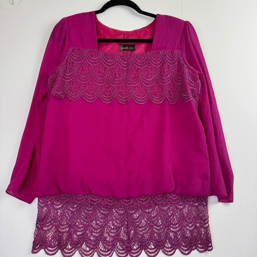 Simon Sez Magenta Pink Crochet Lace Scallop Trim Long Sleeve Blouse Top